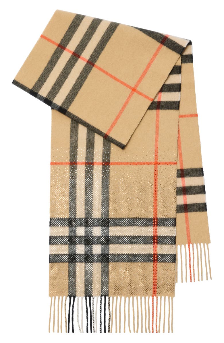 Burberry Crystal Embellished Check Cashmere Fringe Scarf, Alternate, color, Sand