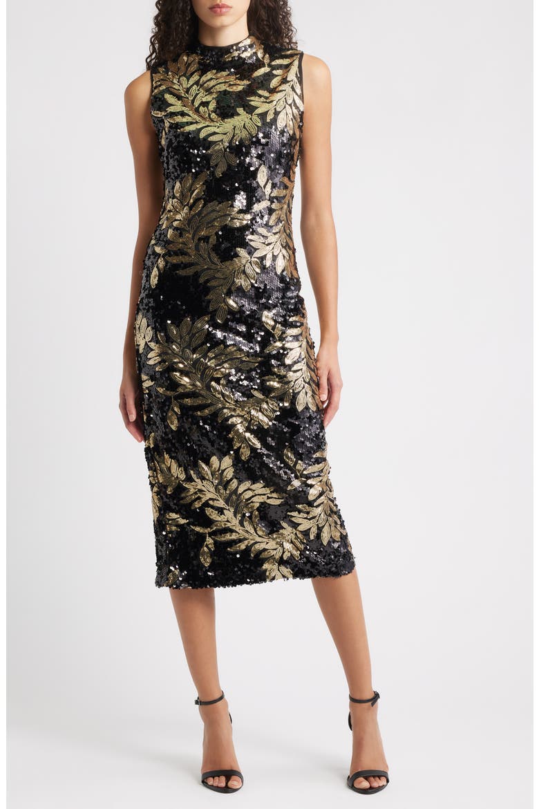 Floral Sequin Mock Neck Midi Dress, Main, color, ANNE BLACK/ GOLD