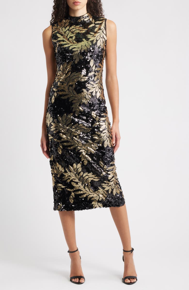 Anne Klein Floral Sequin Mock Neck Midi Dress, Main, color, Anne Black/ Gold
