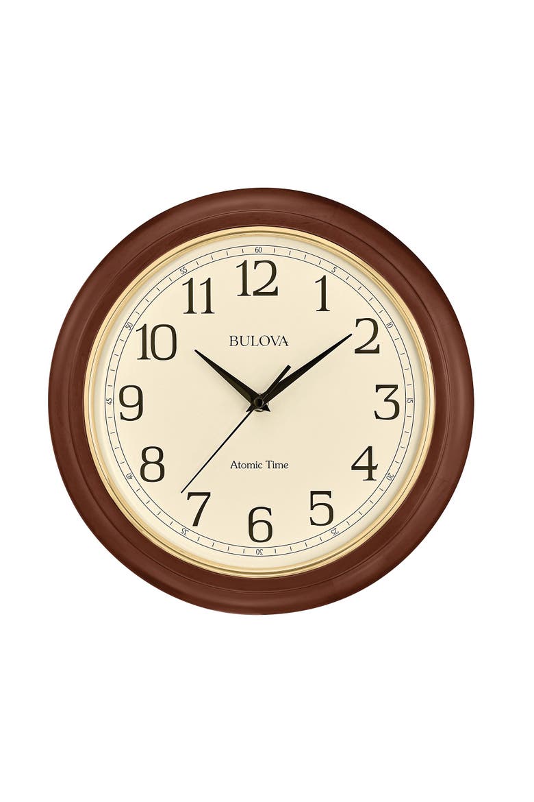 Atomic Time  Analog Quartz Wall Clock, Warm Brown Cherry, Main, color, Brown Cherry