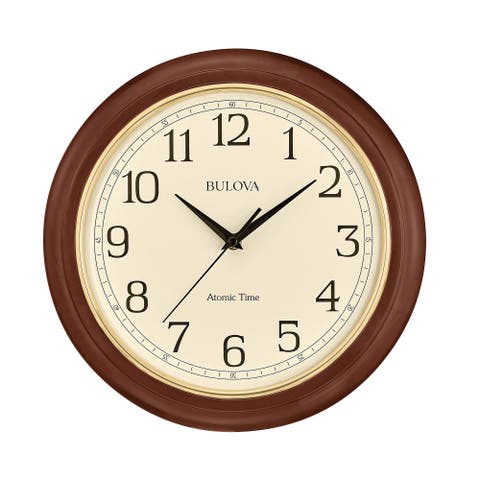 Atomic Time  Analog Quartz Wall Clock, Warm Brown Cherry