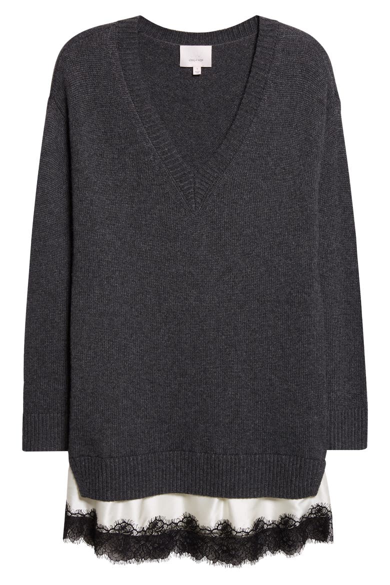 Simona Lace Trim Long Sleeve Sweater Dress, Alternate, color, CHARCOAL