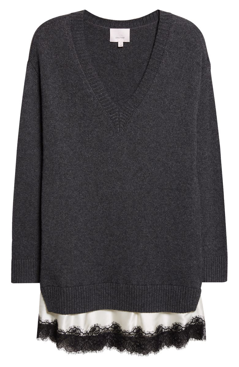 Cinq à Sept Simona Lace Trim Long Sleeve Sweater Dress, Alternate, color, Charcoal