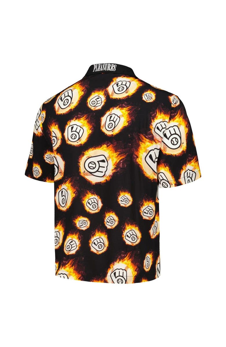 PLEASURES Men's PLEASURES Black Milwaukee Brewers Flame Fireball Button-Up Shirt, Alternate, color, Black