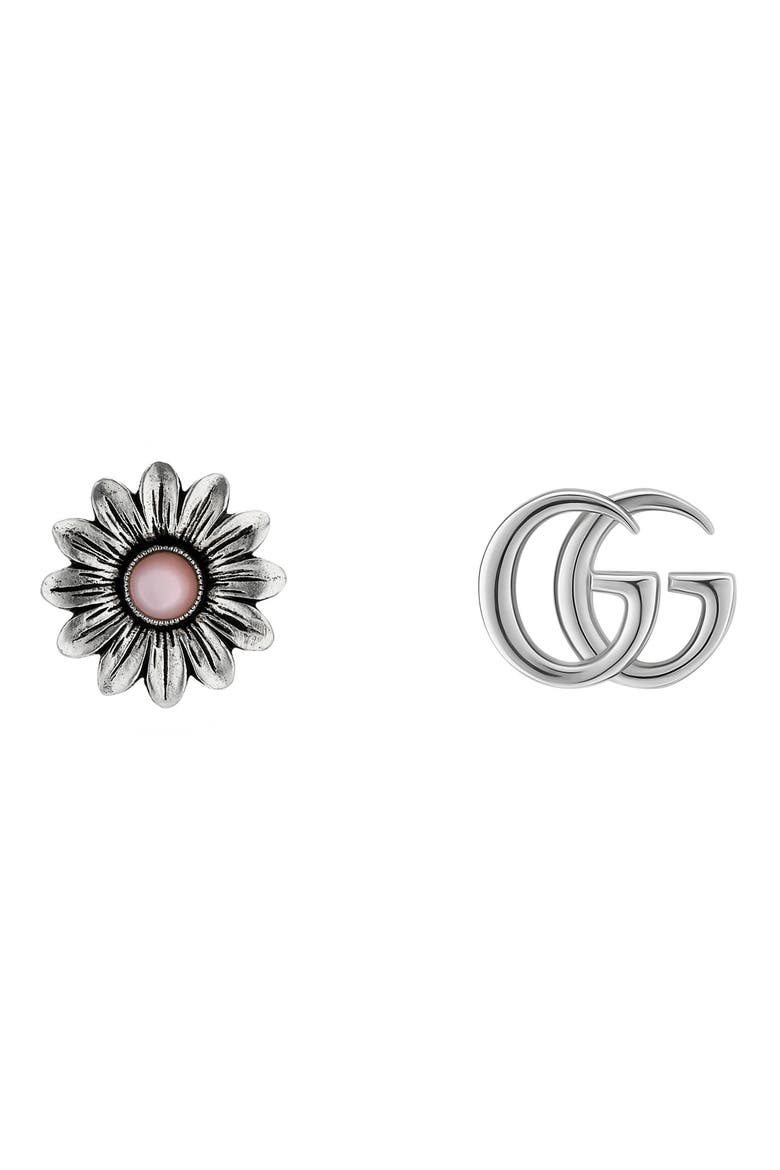 Mismatched Double-G & Flower Stud Earrings, Main, color, SILVER