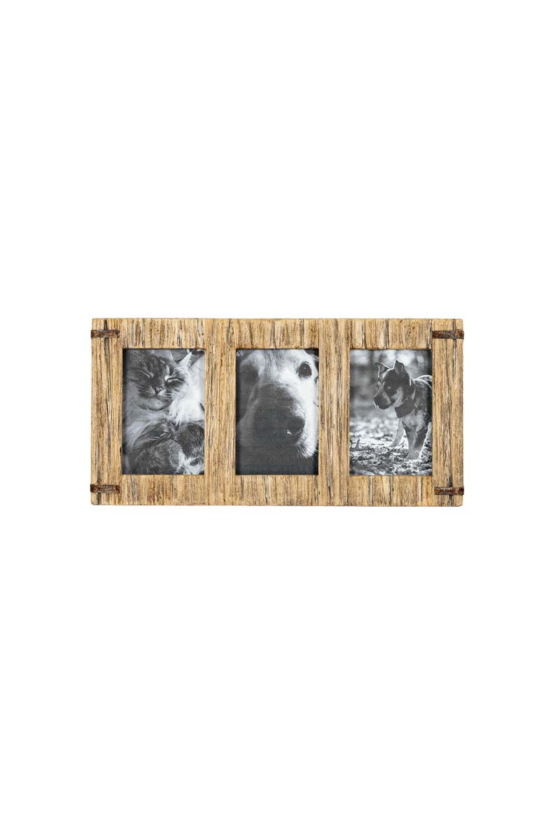 3 Photo Driftwood with Rivets Collage Picture Frame Wood MDF Metal & Glass, Main, color, Brown
