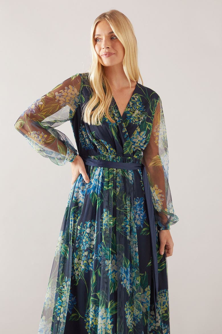 Petite Floral Mesh Satin Tie Midi Dress, Alternate, color, Navy
