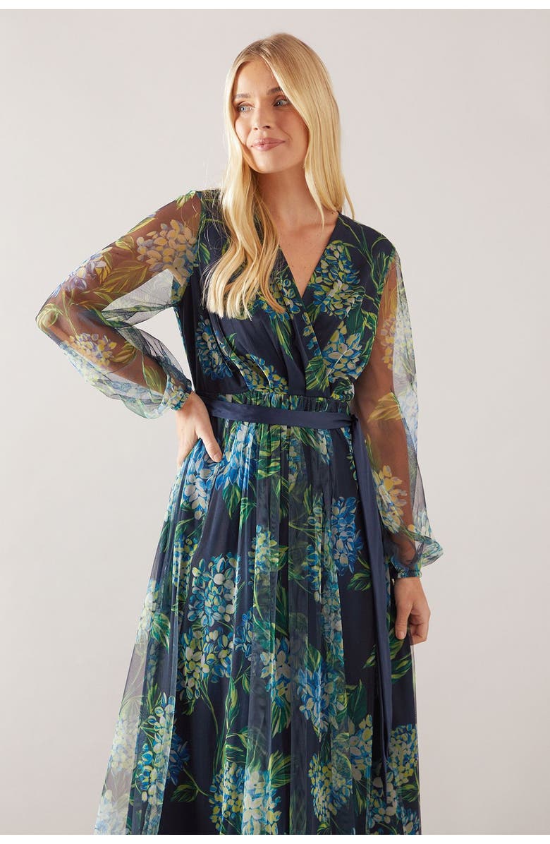 Wallis Petite Floral Mesh Satin Tie Midi Dress, Alternate, color, Navy