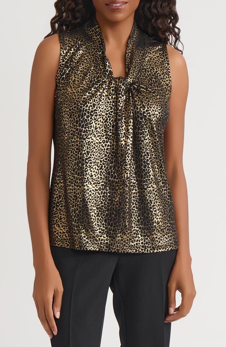KASPER Metallic Leopard Knot Front Sleeveless Top, Main, color, Black/ Gold