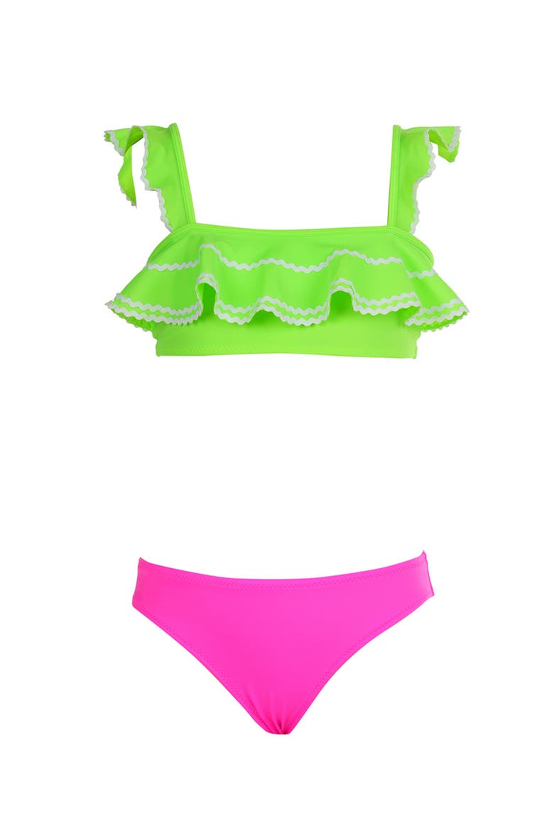 Neon, Bandeau, Ruffle Ric-Rac Trim Two Piece Bikini, Little Kid-Big Kid, Main, color, Multicolor