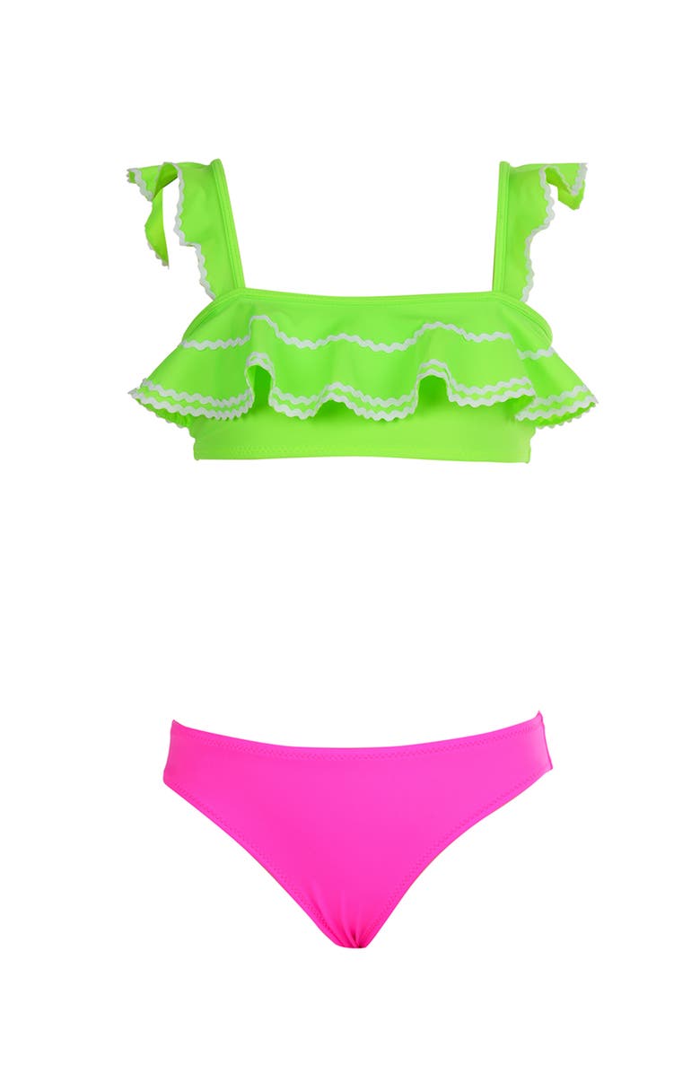 NESSI BYRD Neon, Bandeau, Ruffle Ric-Rac Trim Two Piece Bikini, Little Kid-Big Kid, Main, color, Multicolor