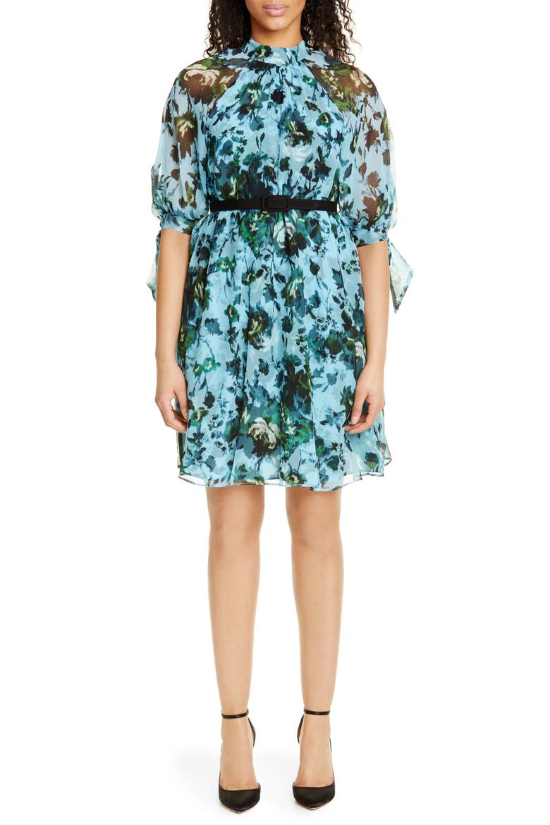 Belted Floral Print Silk Voile Dress, Main, color, BLUE/ GREEN