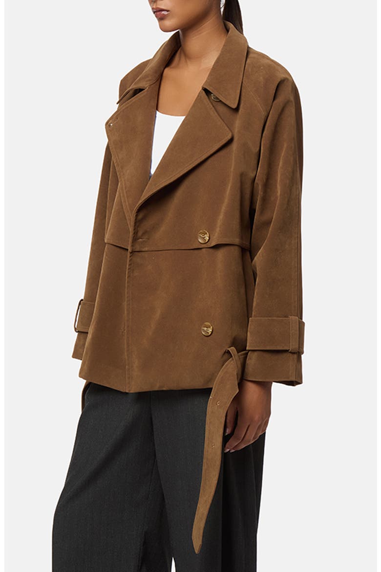 Gaia Faux Suede Short Trench Coat, Alternate, color, SADDLE BROWN
