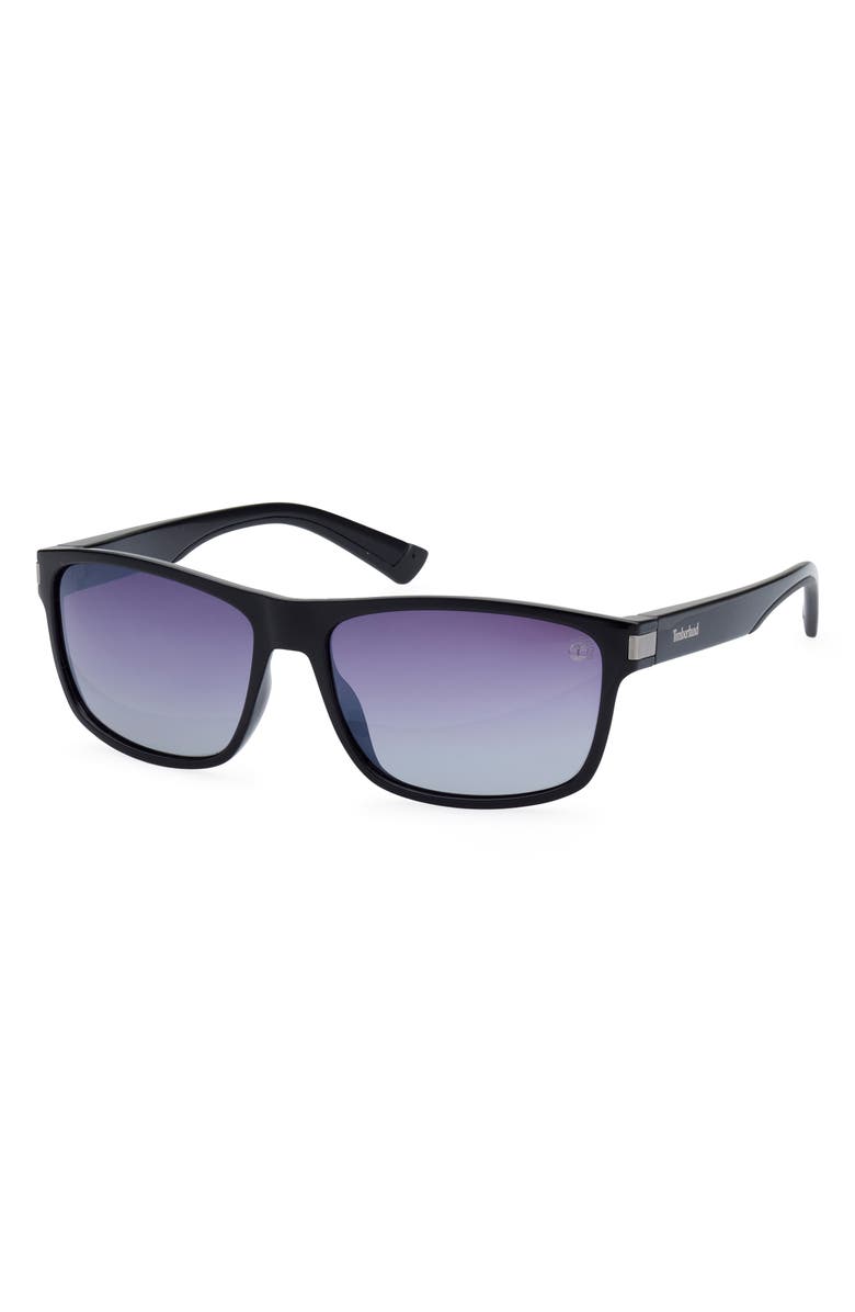 Timberland 57mm Polarized Rectangular Sunglasses, Alternate, color, Shiny Black / Smoke Polarized