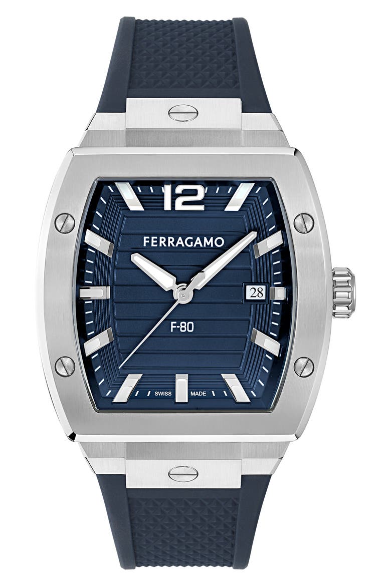 F-80 Tonneau Silicone Strap Watch, 42mm, Main, color, STAINLESS STEEL/BLUE
