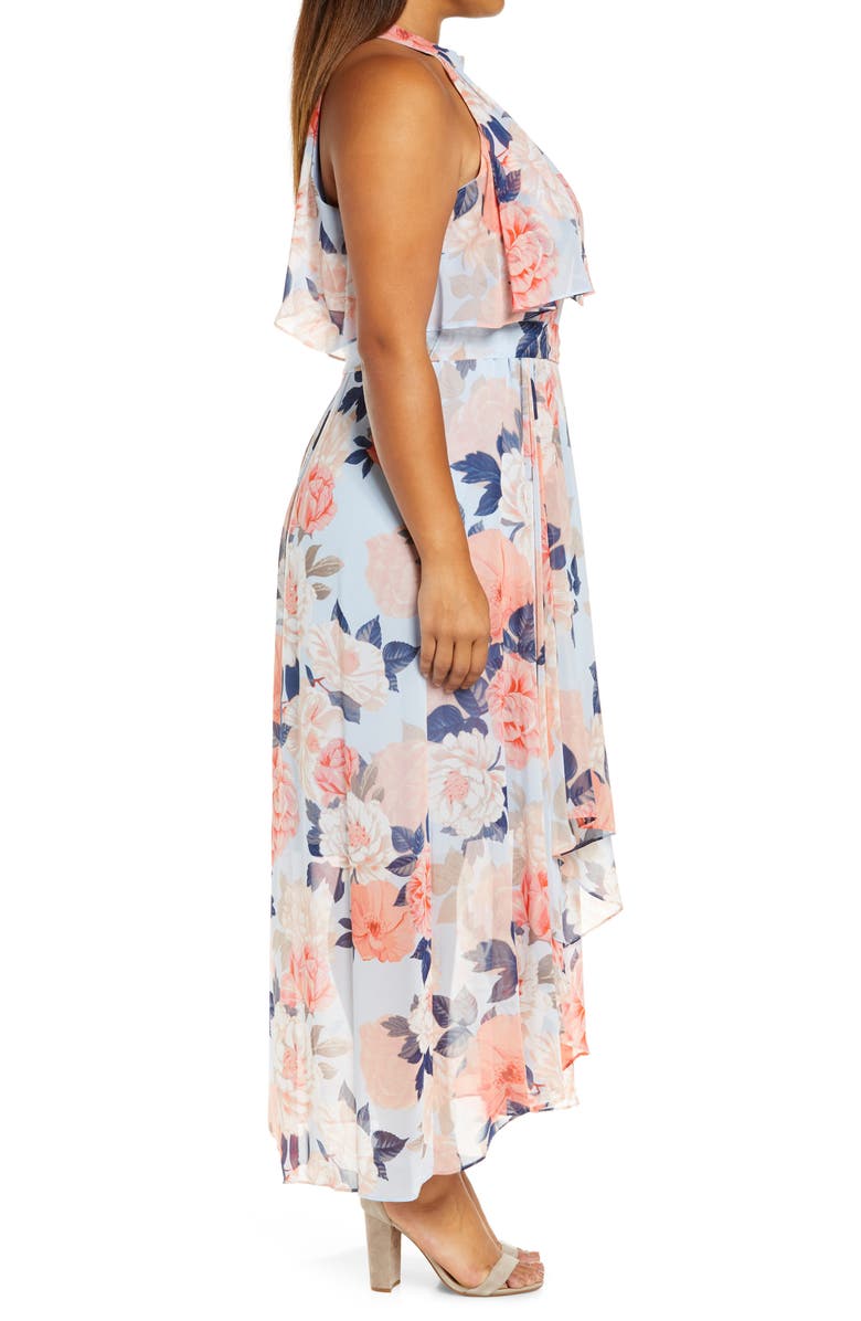 Eliza J Floral Popover Bodice High-Low Chiffon Dress, Alternate, color,