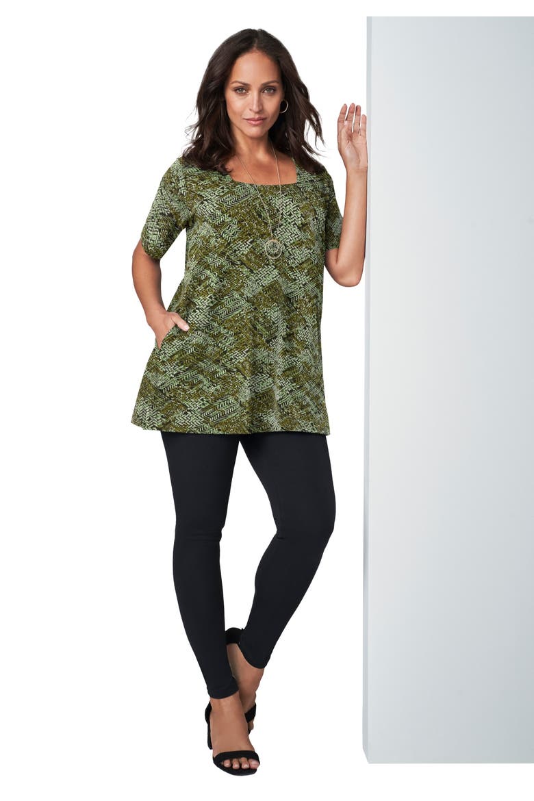 Stretch Cotton Square Neck Tunic, Main, color, OLIVE DRAB TRIBAL ANIMAL
