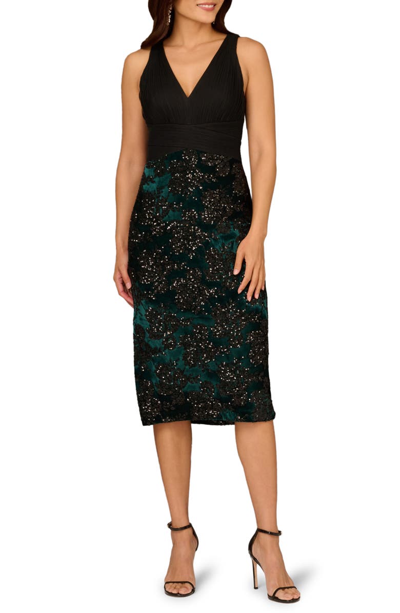 Aidan Mattox Sequin Velvet Sleeveless Cocktail Dress, Main, color, Black/ Green