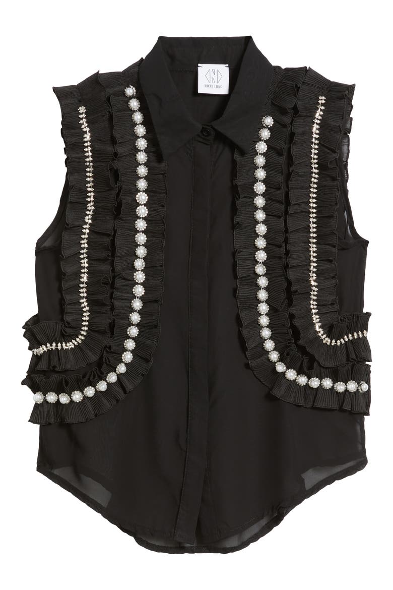 Maite Embellished Ruffle Sleeveless Shirt, Alternate, color, BLACK