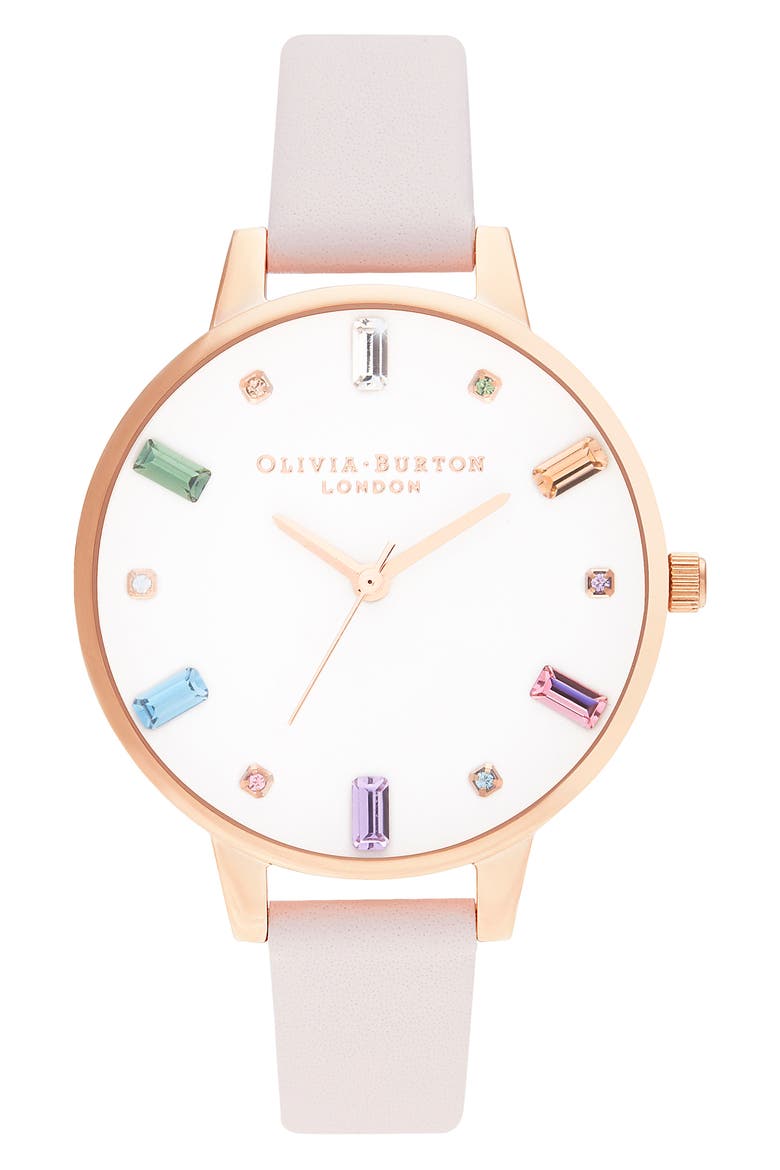 Rainbow Stone Leather Strap Watch, 34mm, Main, color, BLOSS/WHITE STONE/ROSE GOLD