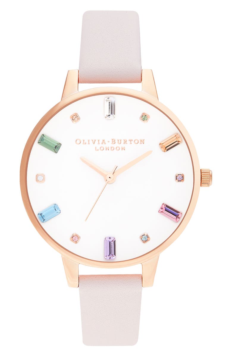 Olivia Burton Rainbow Stone Leather Strap Watch, 34mm, Main, color, 