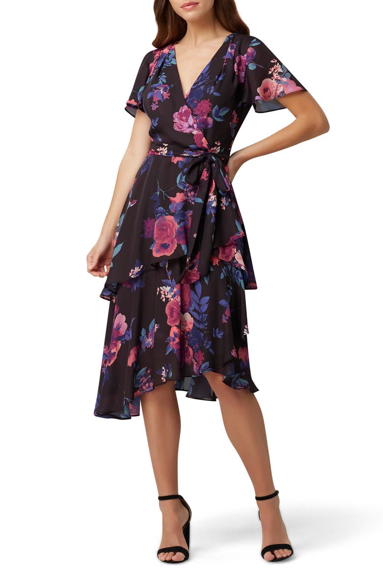 Tahari Floral Short Sleeve Chiffon Midi Dress, Main, color, 