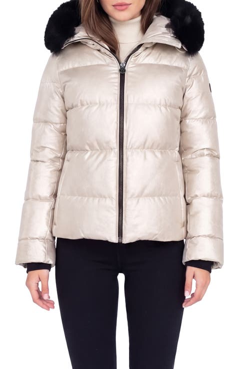 Apres-Ski Short Bomber Jacket with Detachable Genuine Shearling Hood Trim