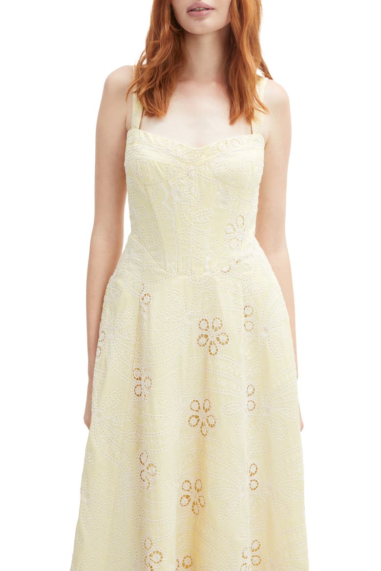 Lilah Floral Eyelet Lace Corset Midi Sundress, Alternate, color, YELLOW DAISY