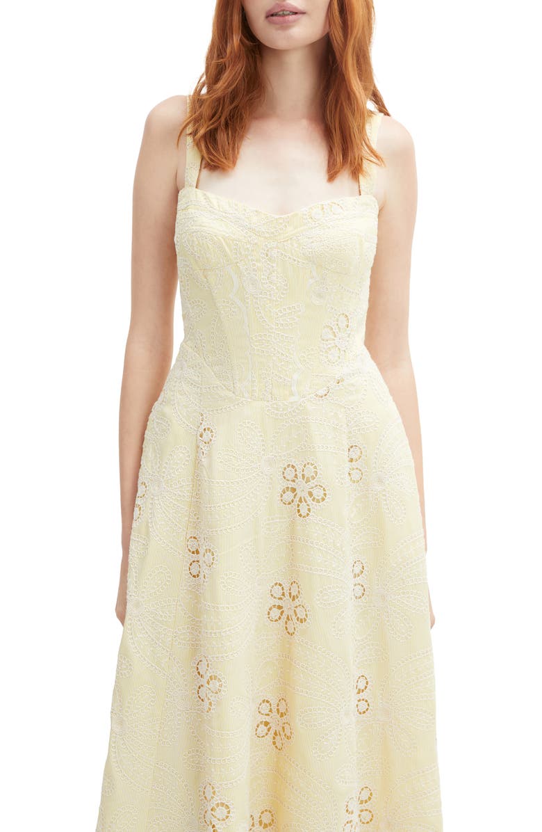 Bardot Lilah Floral Eyelet Lace Corset Midi Sundress, Alternate, color, Yellow Daisy