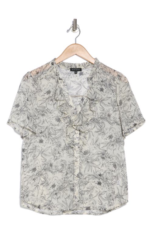 Pleione Ruffle Short Sleeve Button-up Top In Ivory Black Stencil