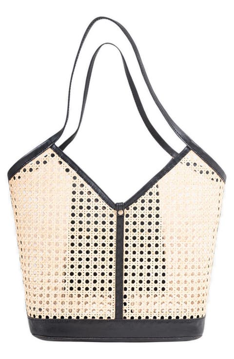 Ophelia Handwoven Leather Trim Rattan Tote Bag