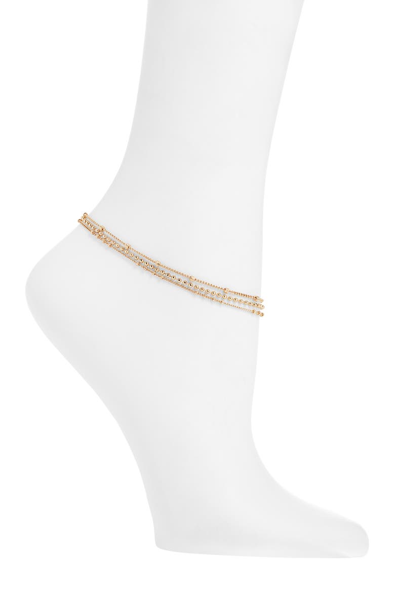 Triple Chain Beaded Anklet, Main, color, GOLD