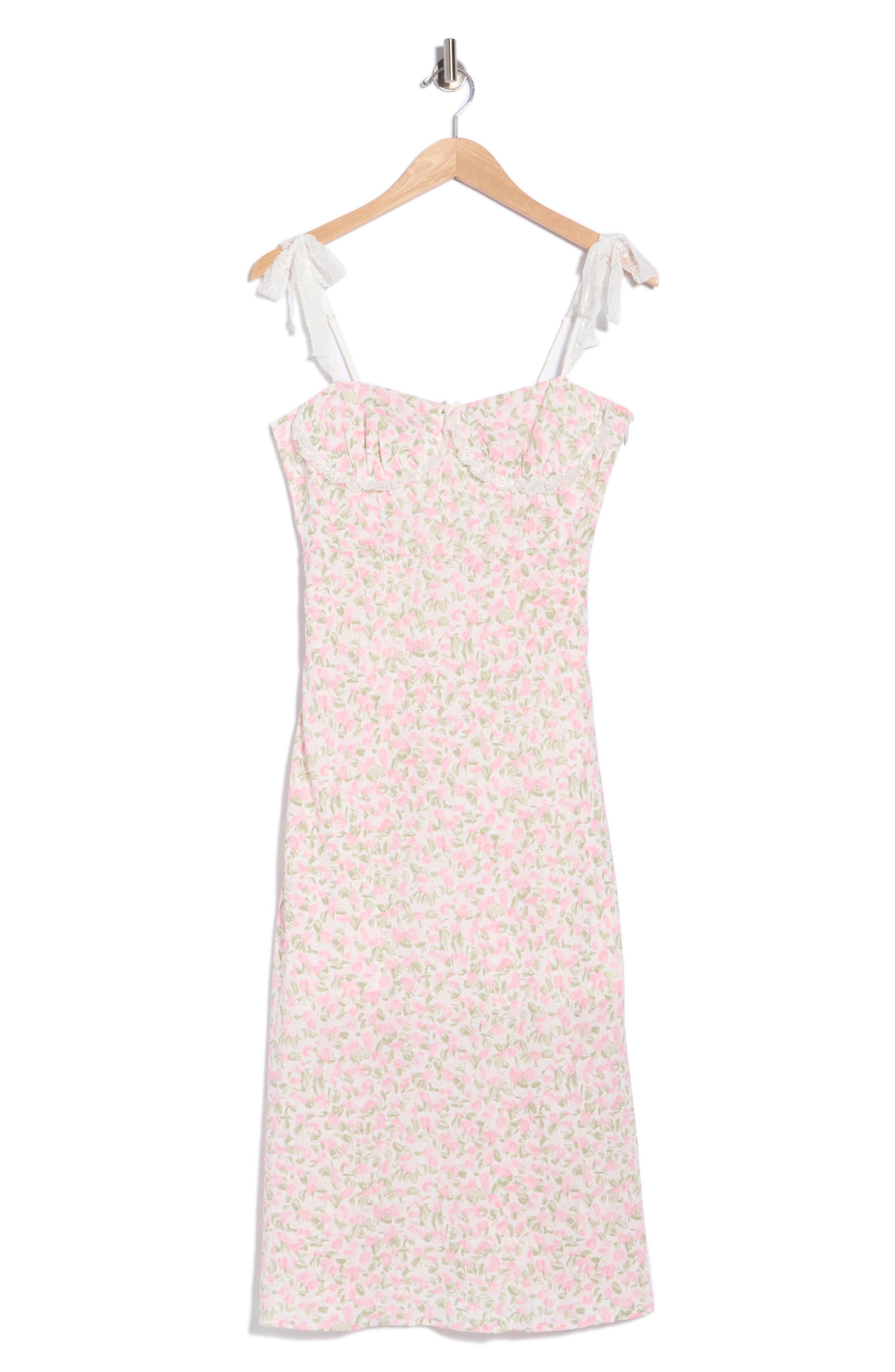Floral Tie Shoulder Lace Trim Dress