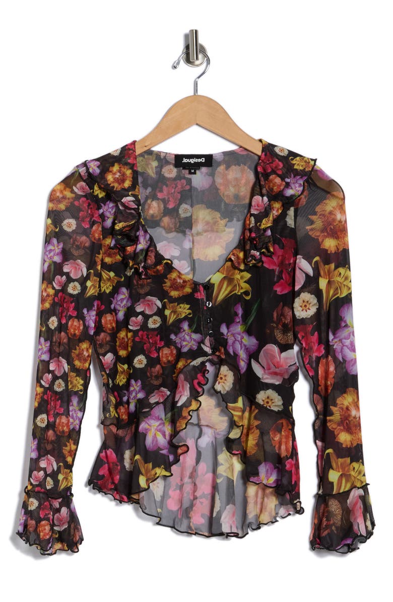 Desigual Floral Ruffle Mesh Crop Top, Alternate, color, Black