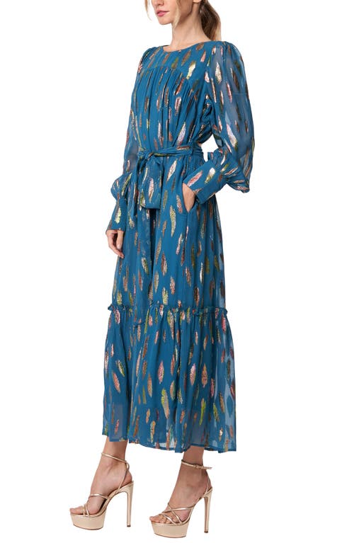 Ciebon Eryn Metallic Print Tie Waist Long Sleeve Maxi Dress
