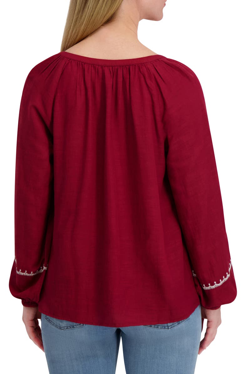 Lucky Brand Embroidered Long Sleeve Cotton Blend Top, Alternate, color, Burgundy