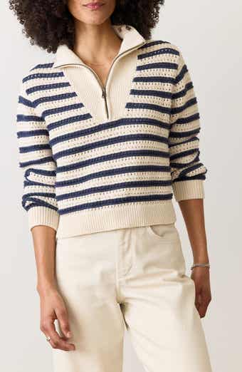 Marine Layer Stripe Open Stitch Quarter Zip Sweater
