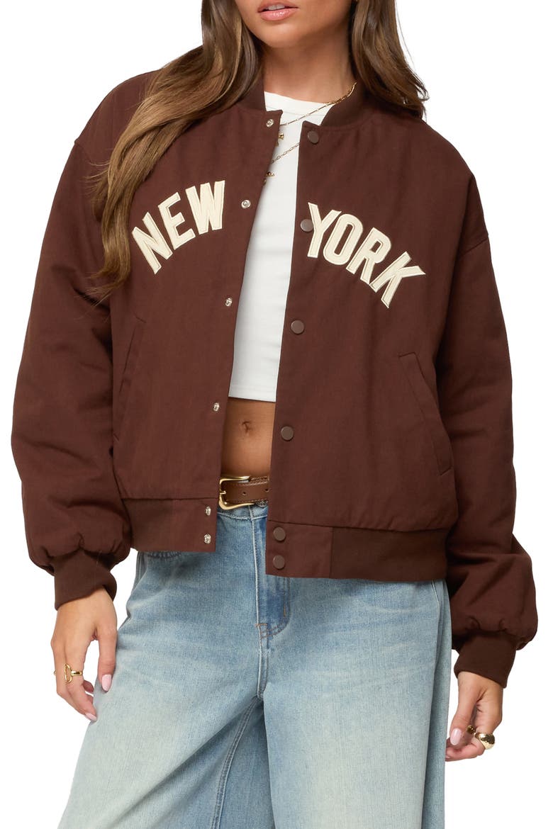 Big Apple Oversize Cotton Bomber Jacket, Main, color, BROWN