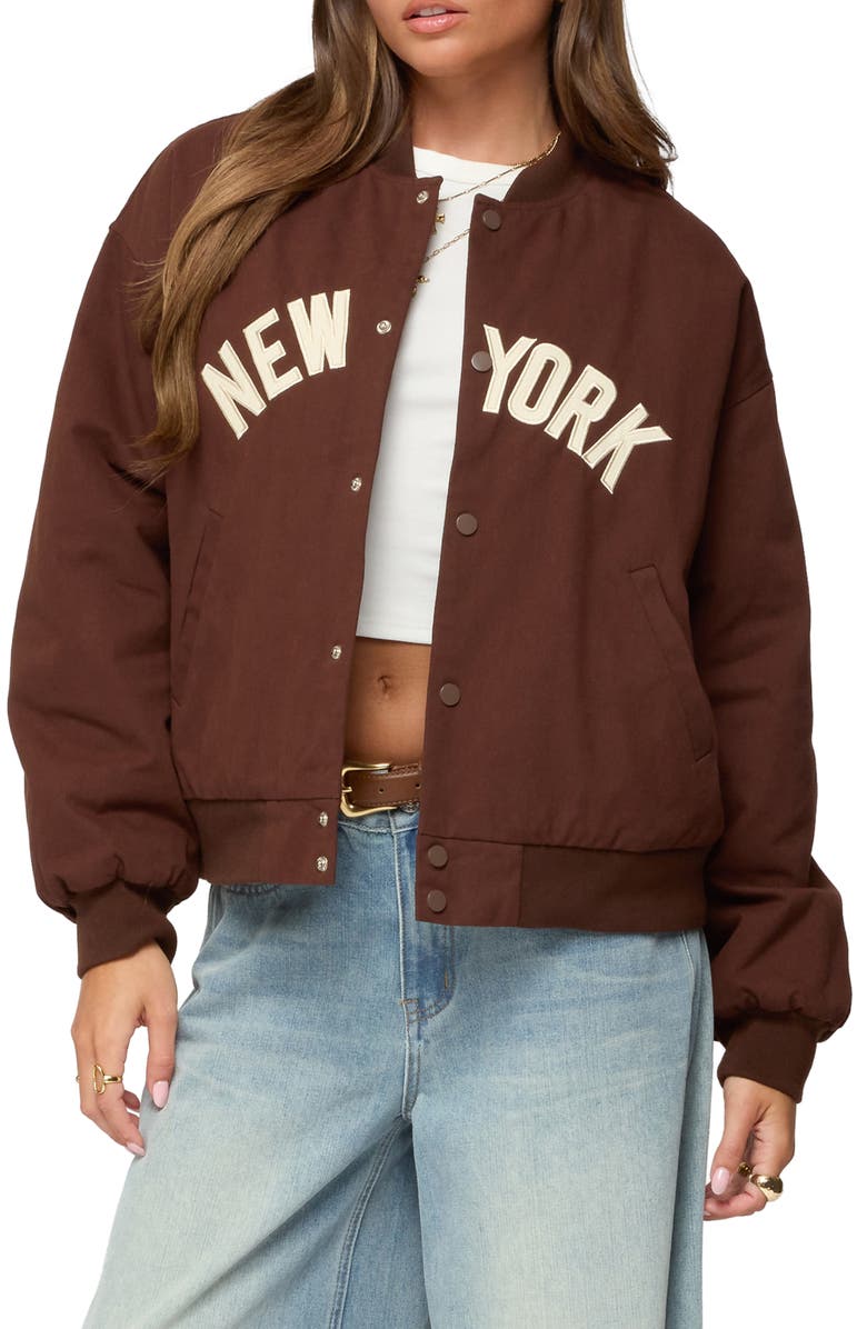 EDIKTED Big Apple Oversize Cotton Bomber Jacket, Main, color, Brown