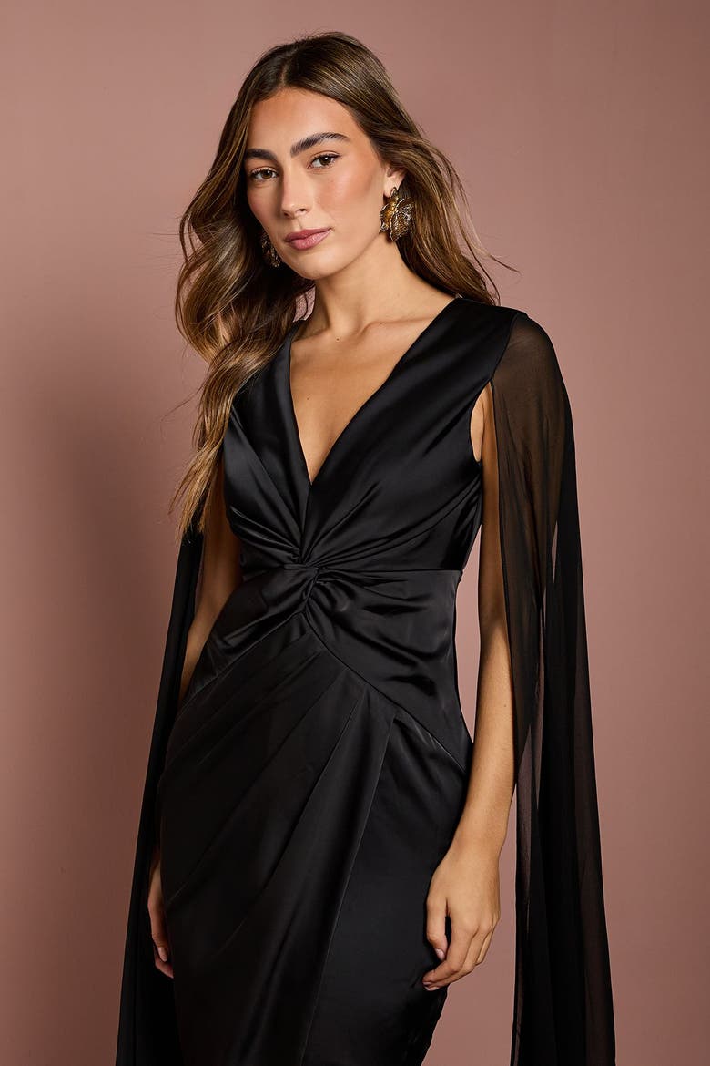 Satin Cape Sleeve Maxi Dress, Alternate, color, Black