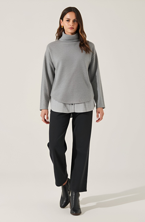 Modenaire Mixed Media Turtleneck Top With Open Back In Gray