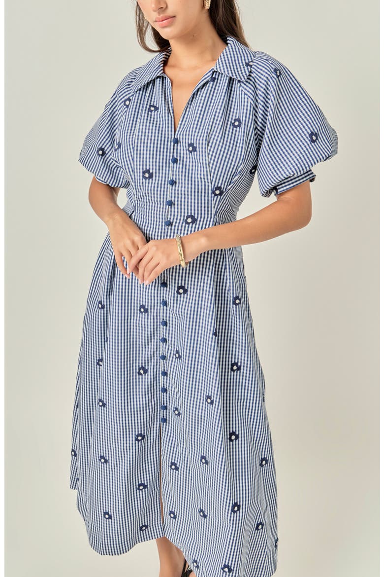 Embroidered Gingham Shirt Midi Dress, Alternate, color, NAVY