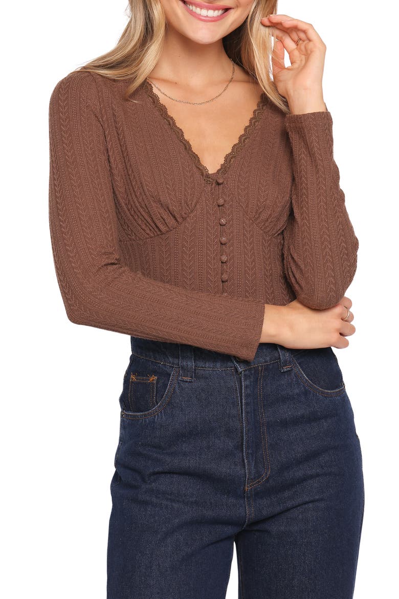 Leslie Button Front Knit Crop Top, Main, color, CHOCOLATE
