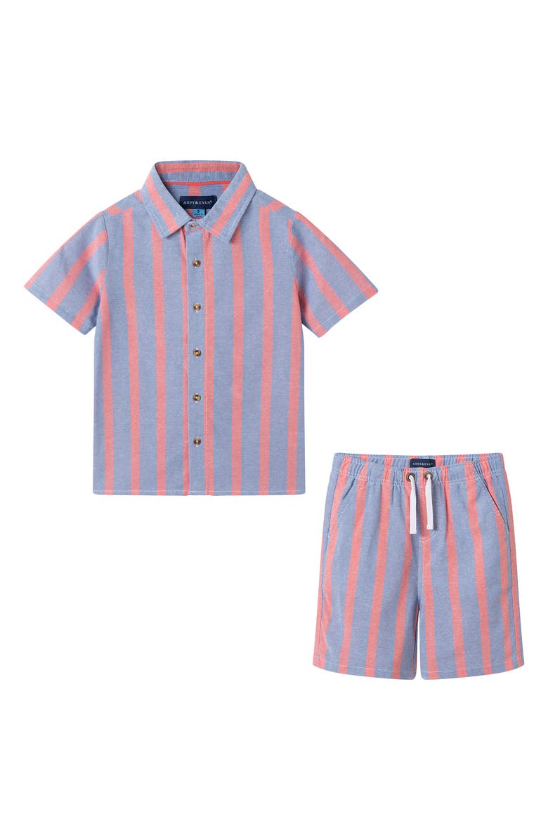 Andy & Evan Kids' Stripe Cotton Button-Up Shirt & Shorts Set, Main, color, Orange Stripe