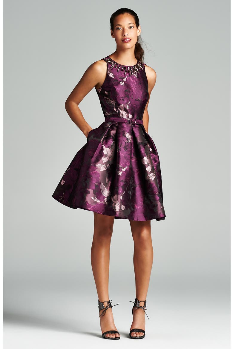 Embellished Neck Jacquard Fit & Flare Dress, Main, color, PINK PRINT
