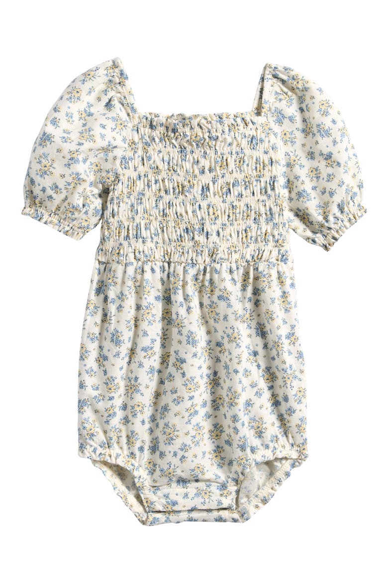 Smocked Organic Cotton & Linen Bodysuit, Main, color, LP YELLOW BLUE FLORAL