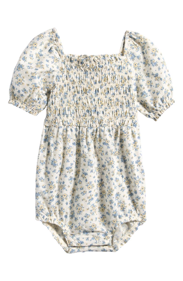 Little Planet Smocked Organic Cotton & Linen Bodysuit, Main, color, Lp Yellow Blue Floral