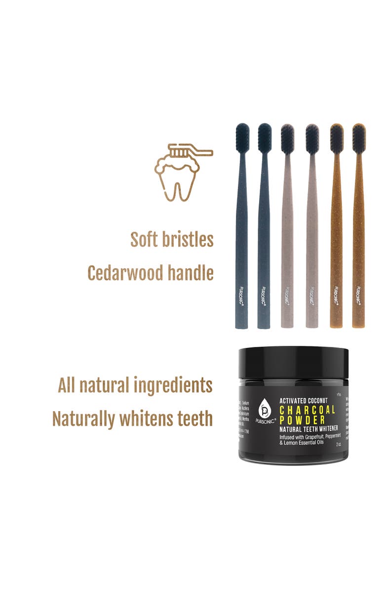 PURSONIC Natural Radiance Combo Activated Coconut Charcoal Powder Natural Teeth Whitener + Cedarwood Toothbrushes, Alternate, color, Multicolor