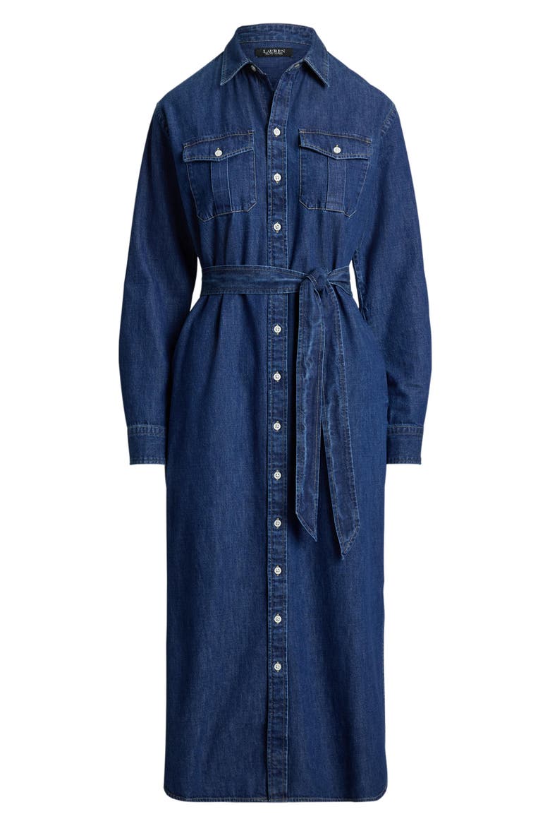 Long Sleeve Belted Cotton Denim Midi Shirtdress, Alternate, color, HARVEST WASH BLUE