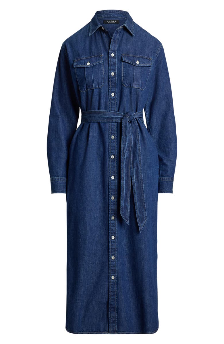 Lauren Ralph Lauren Long Sleeve Belted Cotton Denim Midi Shirtdress, Alternate, color, Harvest Wash Blue
